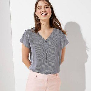 Loft Navy Blue & White Striped V Neck Button Petal Sleeve Blouse Medium